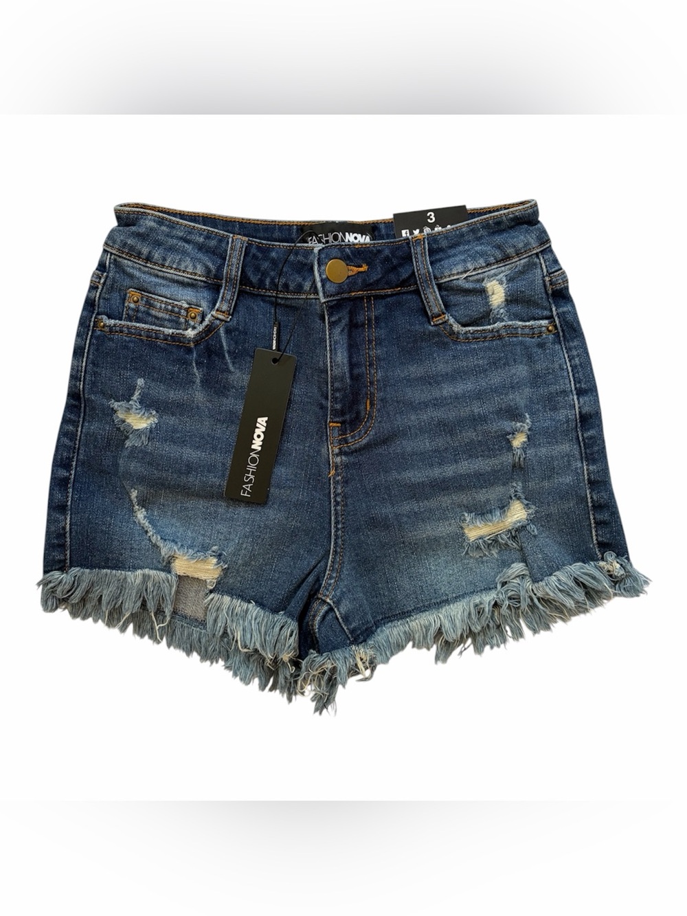 FASHION NOVA Denim Jean SHORTS Juniors Size 3 Blue Frayed Hems Distressed